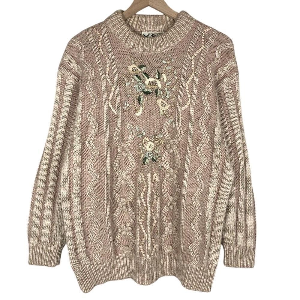 VTG Alpaca Embroidered Grandma Sweater M / L 40" Taupe Beige Cable Pearl Cottage